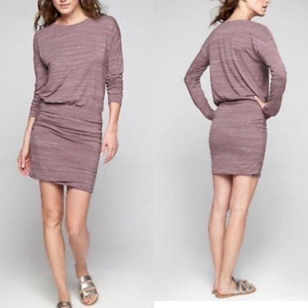 Athleta Avenues Blouson Dress Ruched Long Sleeve Beyond Soft Heathered violet